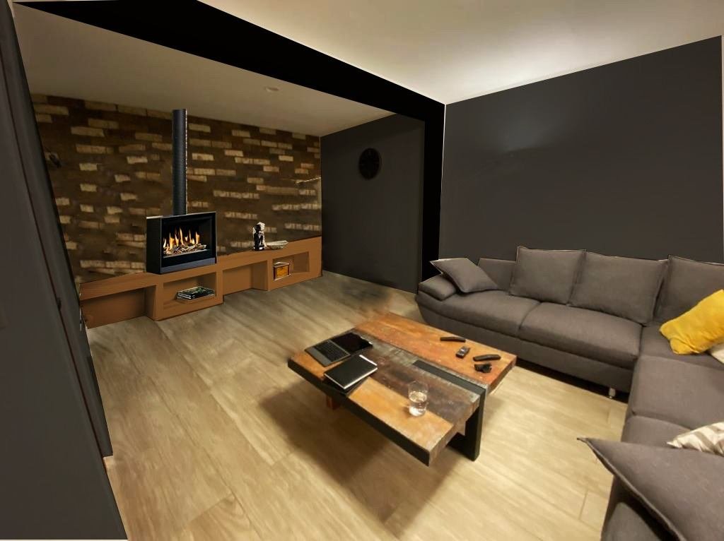Visualización de la sala remodelada con chimenea y muro de ladrillo